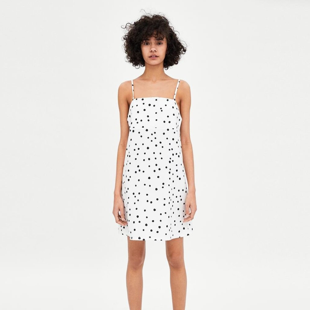 Zara Size S White/black Strappy Polka Dot Mini Dress --p